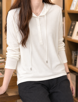 Halcyra - Half-Button Merino Wool Pullover Hoodie — view 3 of 7