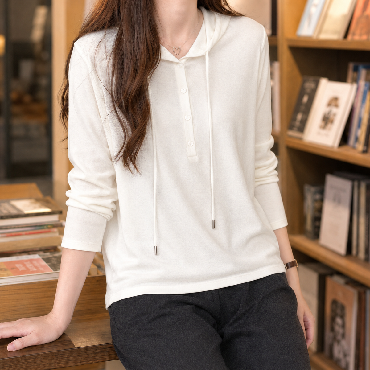 Halcyra - Half-Button Merino Wool Pullover Hoodie — view 3 of 7