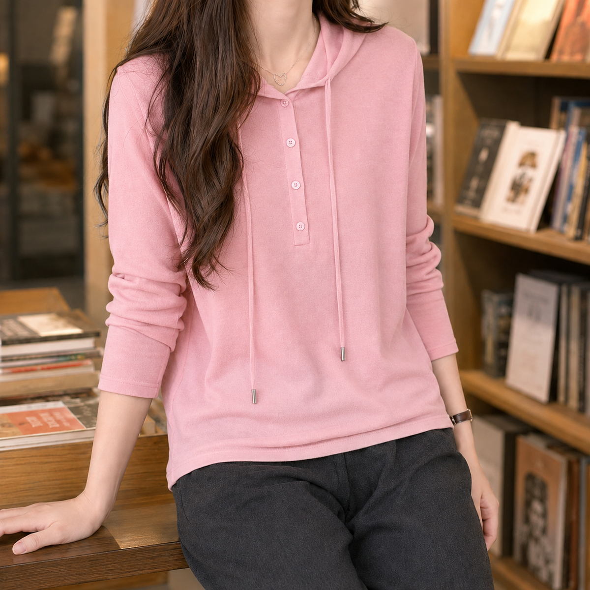 Halcyra - Half-Button Merino Wool Pullover Hoodie — view 4 of 7