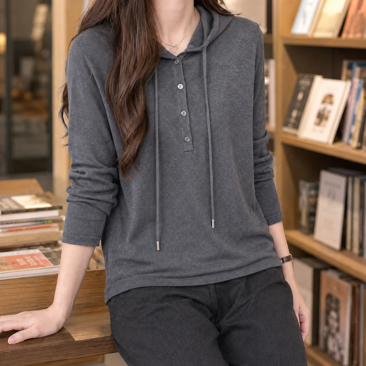 Halcyra - Half-Button Merino Wool Pullover Hoodie — view 5 of 7