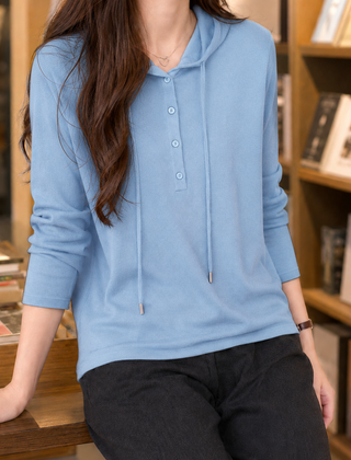 Halcyra - Half-Button Merino Wool Pullover Hoodie — view 6 of 7