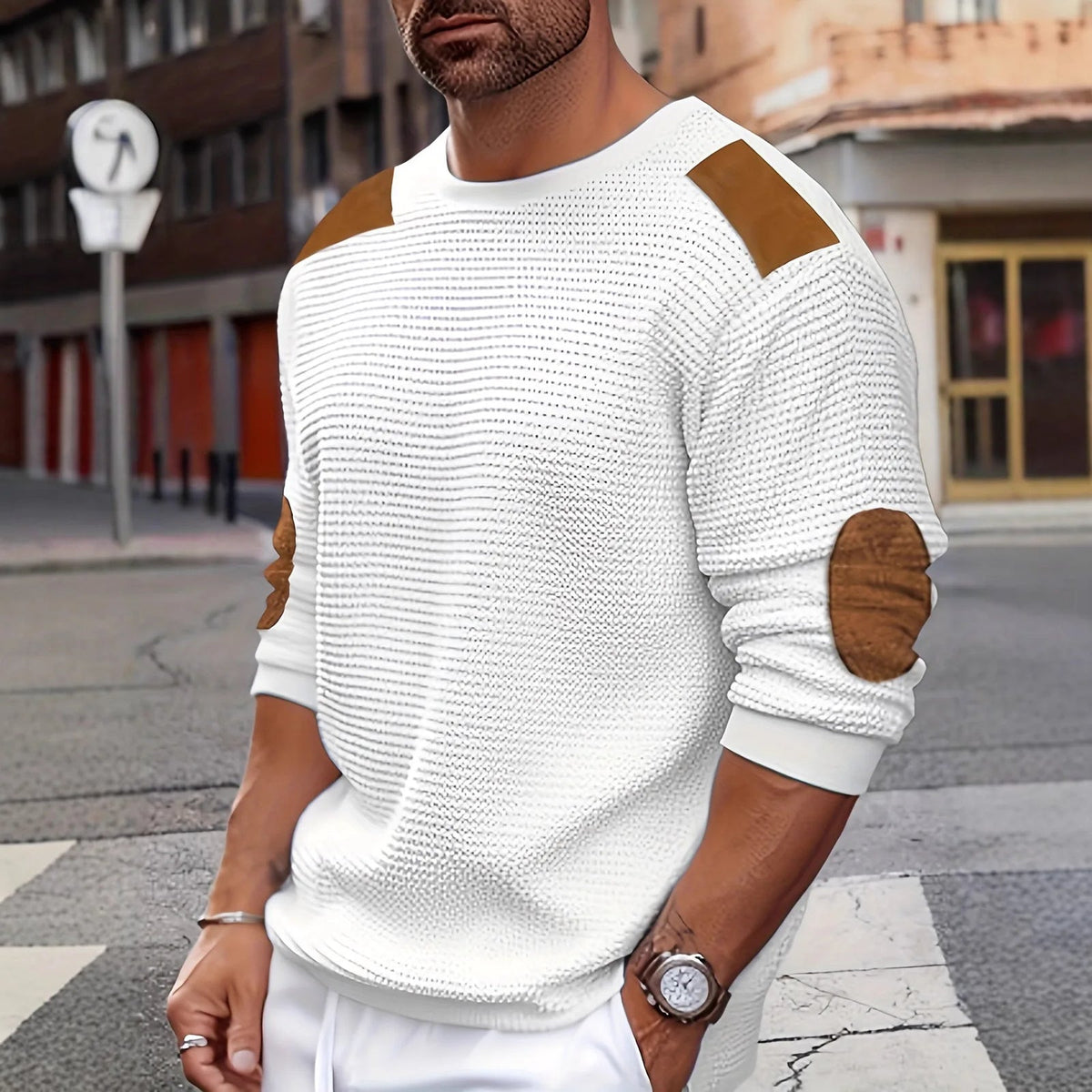 Halloran - Textured Waffle Knit Pullover Cool Season Layering