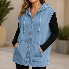 Loomora - Oversized Hooded Denim Style Vest Layering