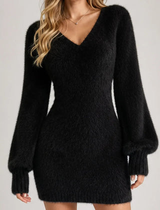 Marlisse - Fitted Faux Fur Sweater Dress Evening Wear