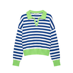 Nautelle - Striped Cropped Polo Sweater Casual City Wear