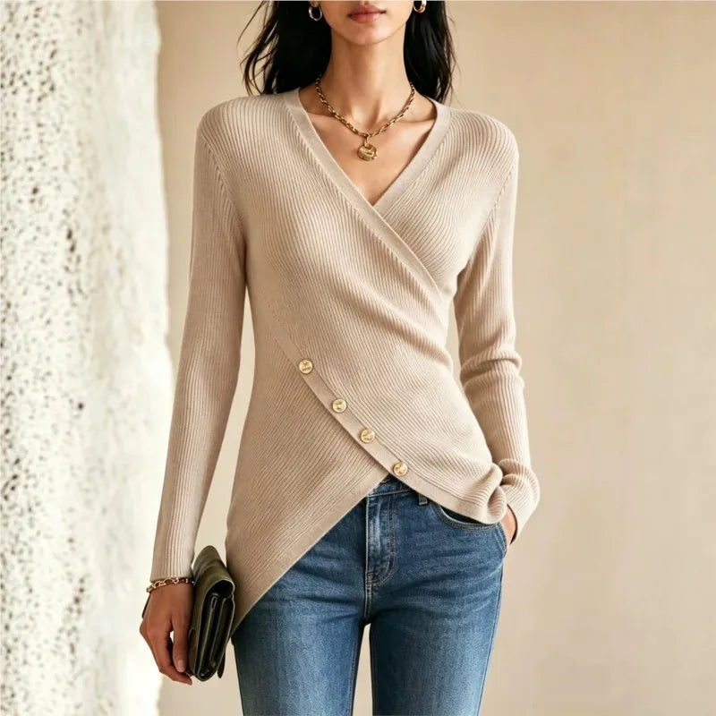 Rivenna - Ribbed Crossover V Neck Sweater Everyday Layering