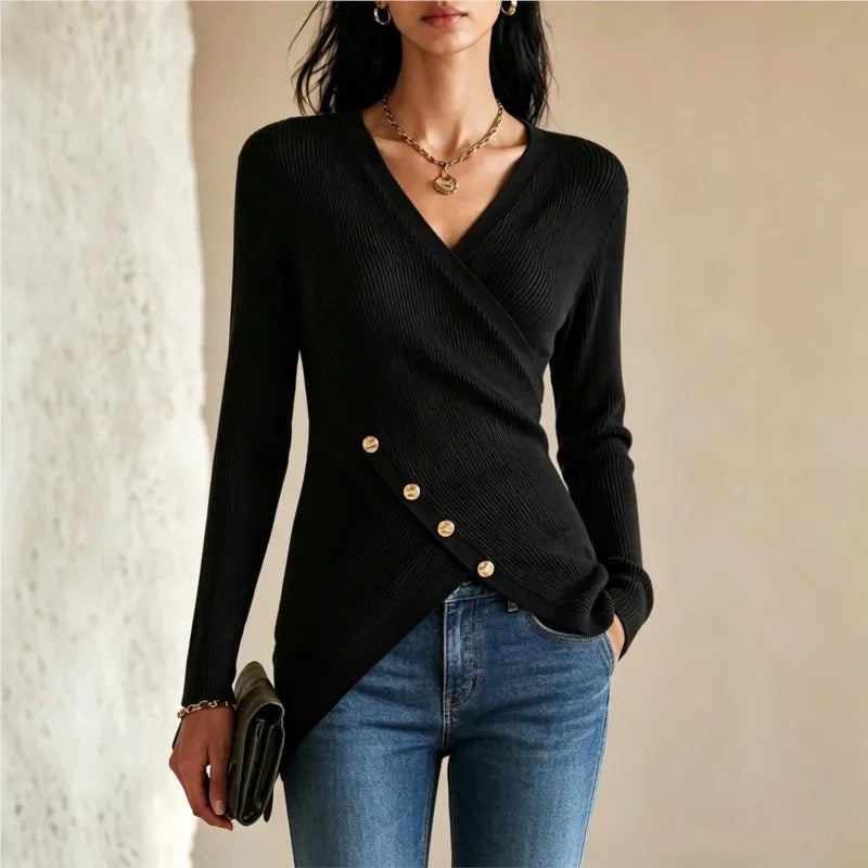 Rivenna - Ribbed Crossover V Neck Sweater Everyday Layering — view 2 of 4