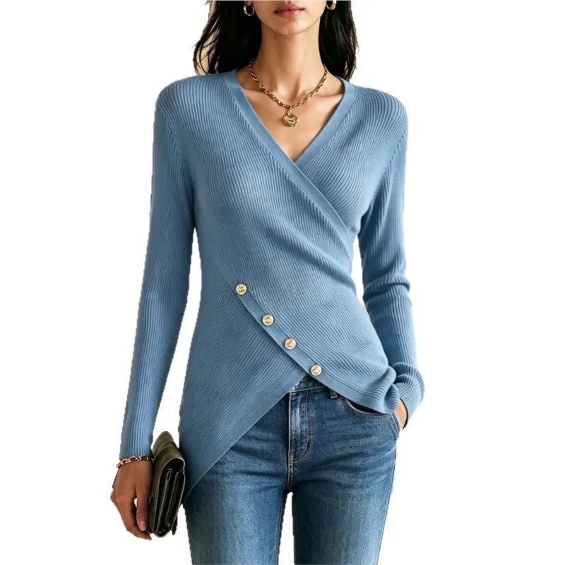 Rivenna - Ribbed Crossover V Neck Sweater Everyday Layering — view 3 of 4