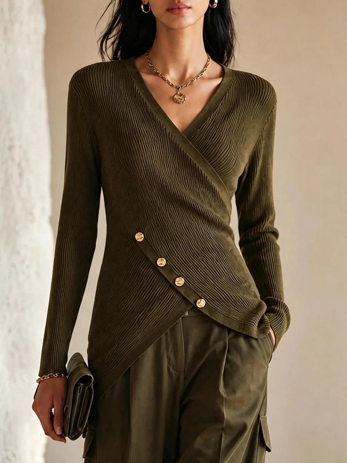 Rivenna - Ribbed Crossover V Neck Sweater Everyday Layering — view 4 of 4