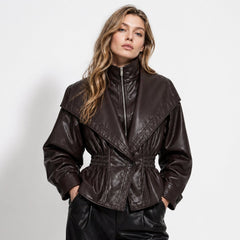 Rovenna - Notch Lapel Leather Biker Jacket Work To Weekend