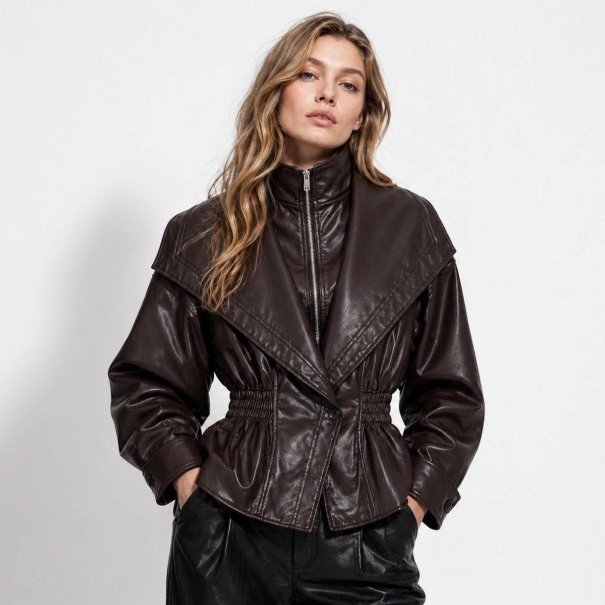 Rovenna - Notch Lapel Leather Biker Jacket Work To Weekend