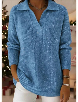Shimora - Split Neck Sequin Pullover Sweater Evening Layering