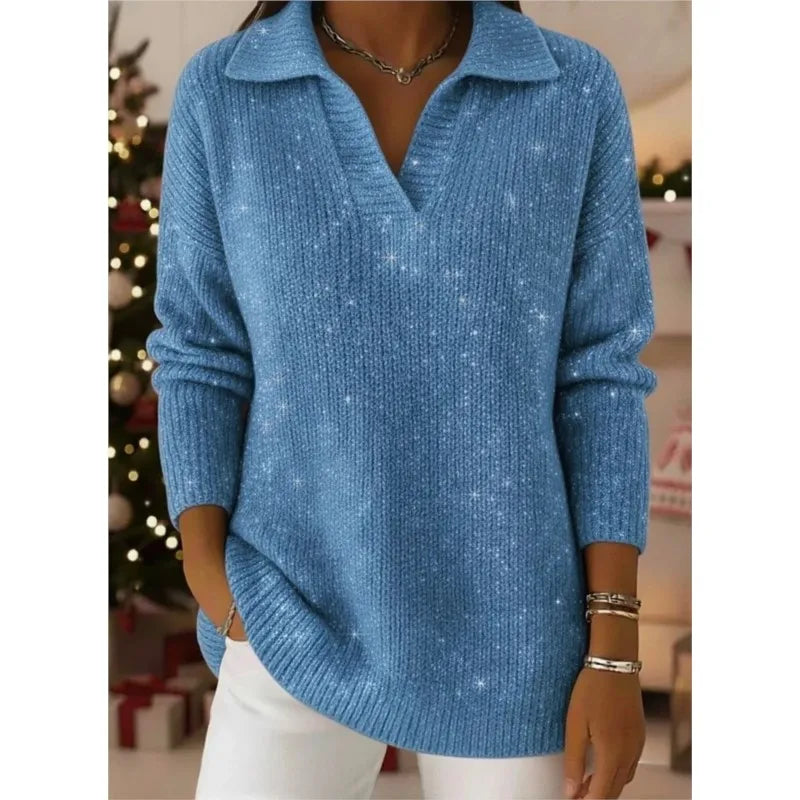 Shimora - Split Neck Sequin Pullover Sweater Evening Layering