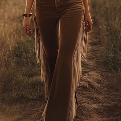 Tassella - Flared Fringe Denim Jeans Daily Western Wear