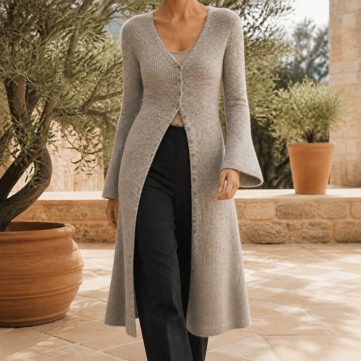 Vaelis - Longline Button Front V Neck Cardigan