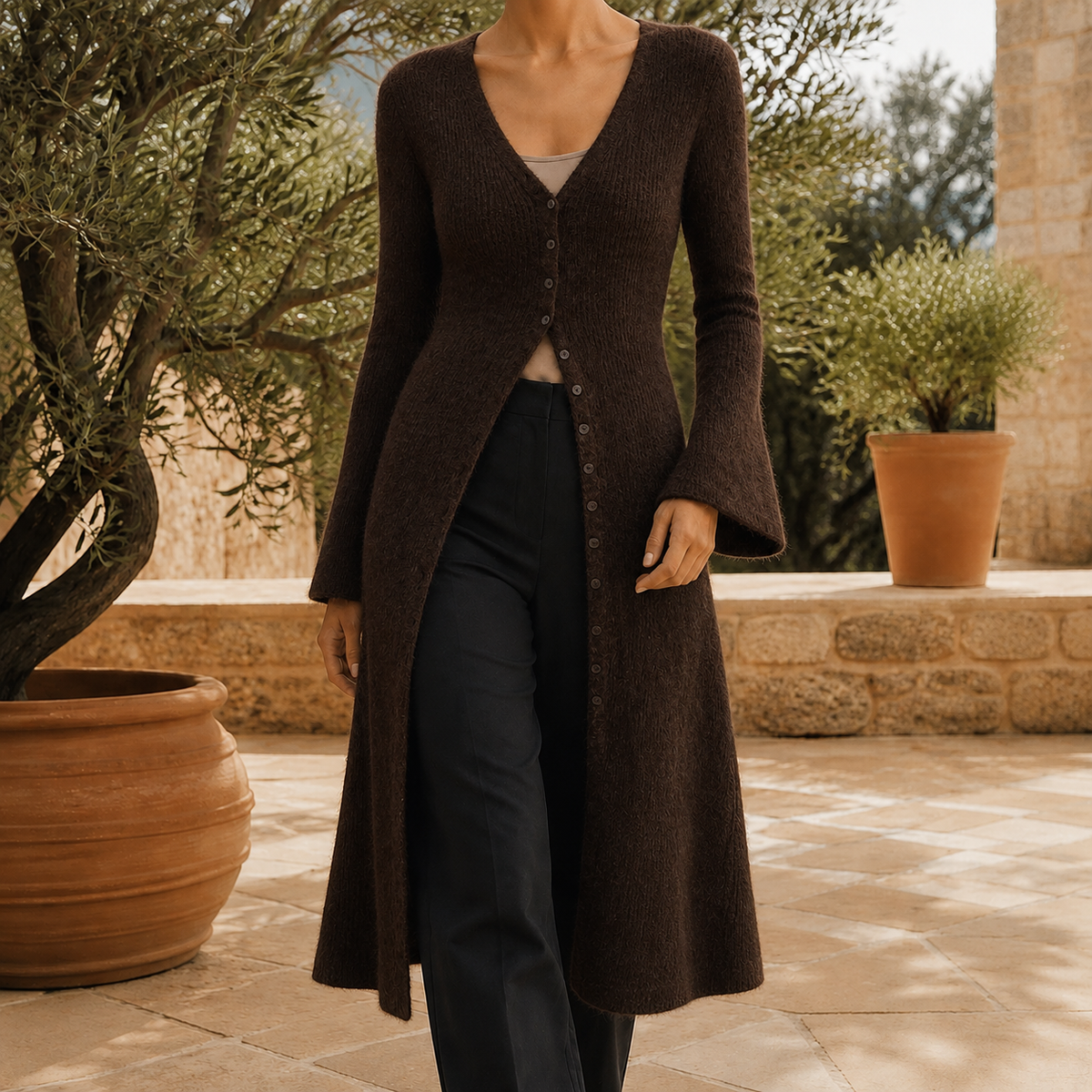 Vaelis - Longline Button Front V Neck Cardigan — view 3 of 7