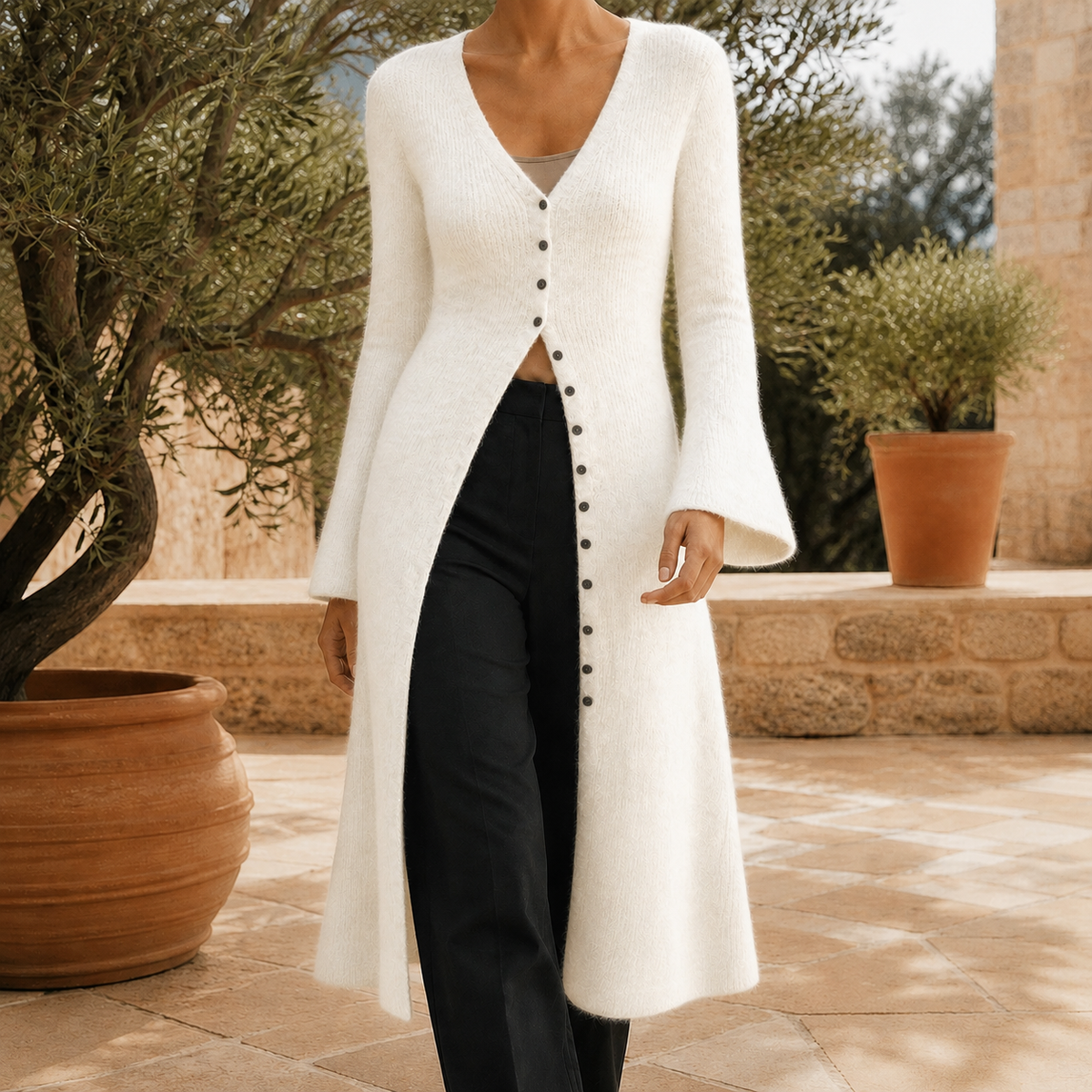 Vaelis - Longline Button Front V Neck Cardigan — view 4 of 7