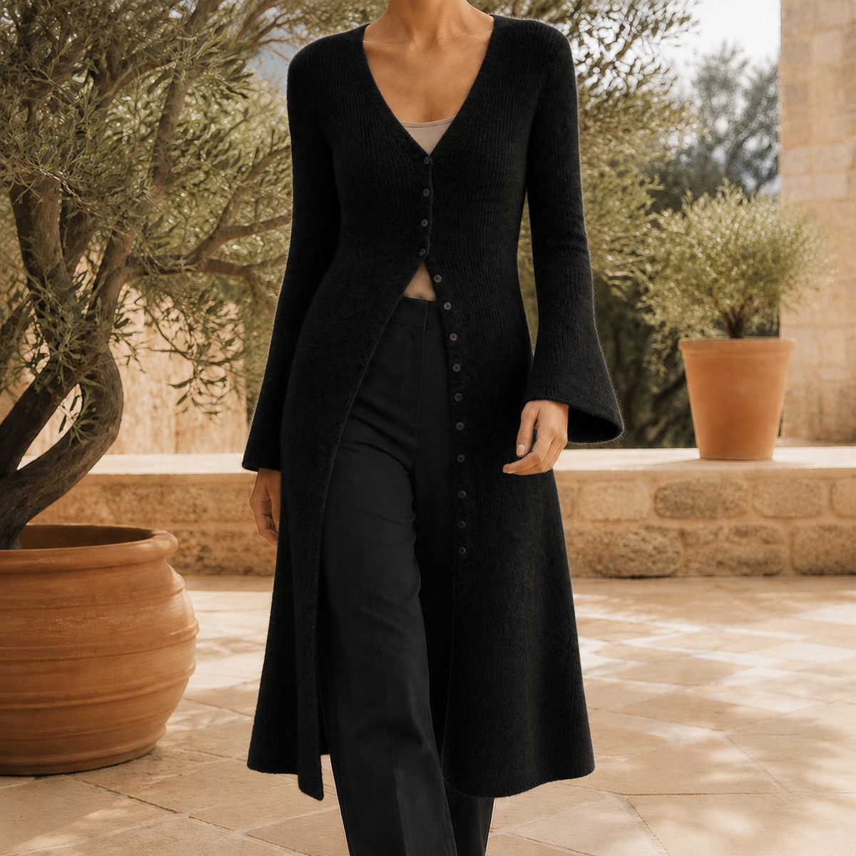 Vaelis - Longline Button Front V Neck Cardigan — view 7 of 7