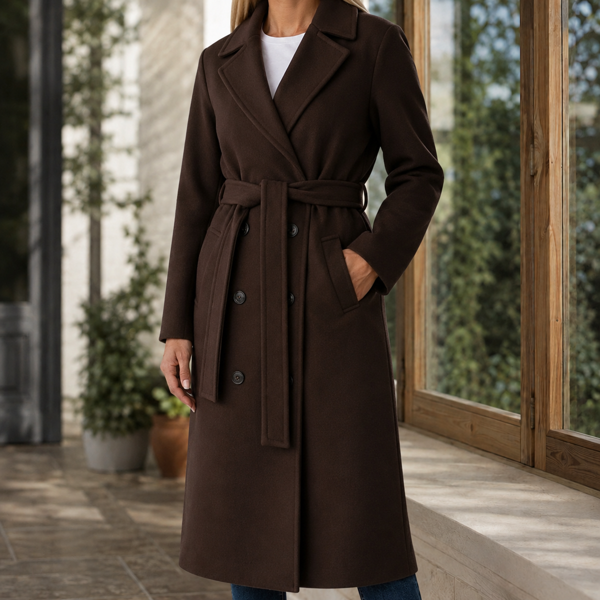 Vantelle - Belted Double-Breasted Overcoat Cold Weather Commuting — view 4 of 7