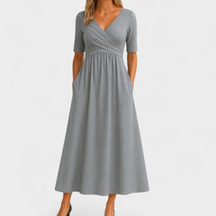 Verilune - Wrap Style Midi Dress Elbow Sleeves