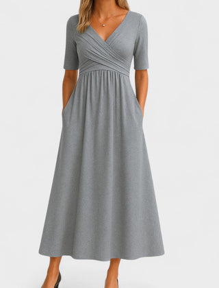 Verilune - Wrap Style Midi Dress Elbow Sleeves