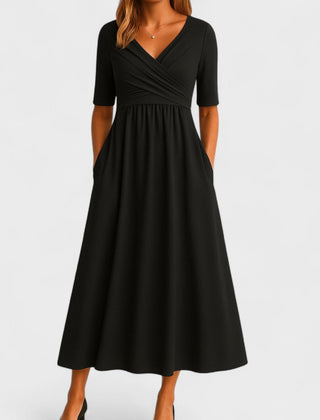 Verilune - Wrap Style Midi Dress Elbow Sleeves — view 2 of 7