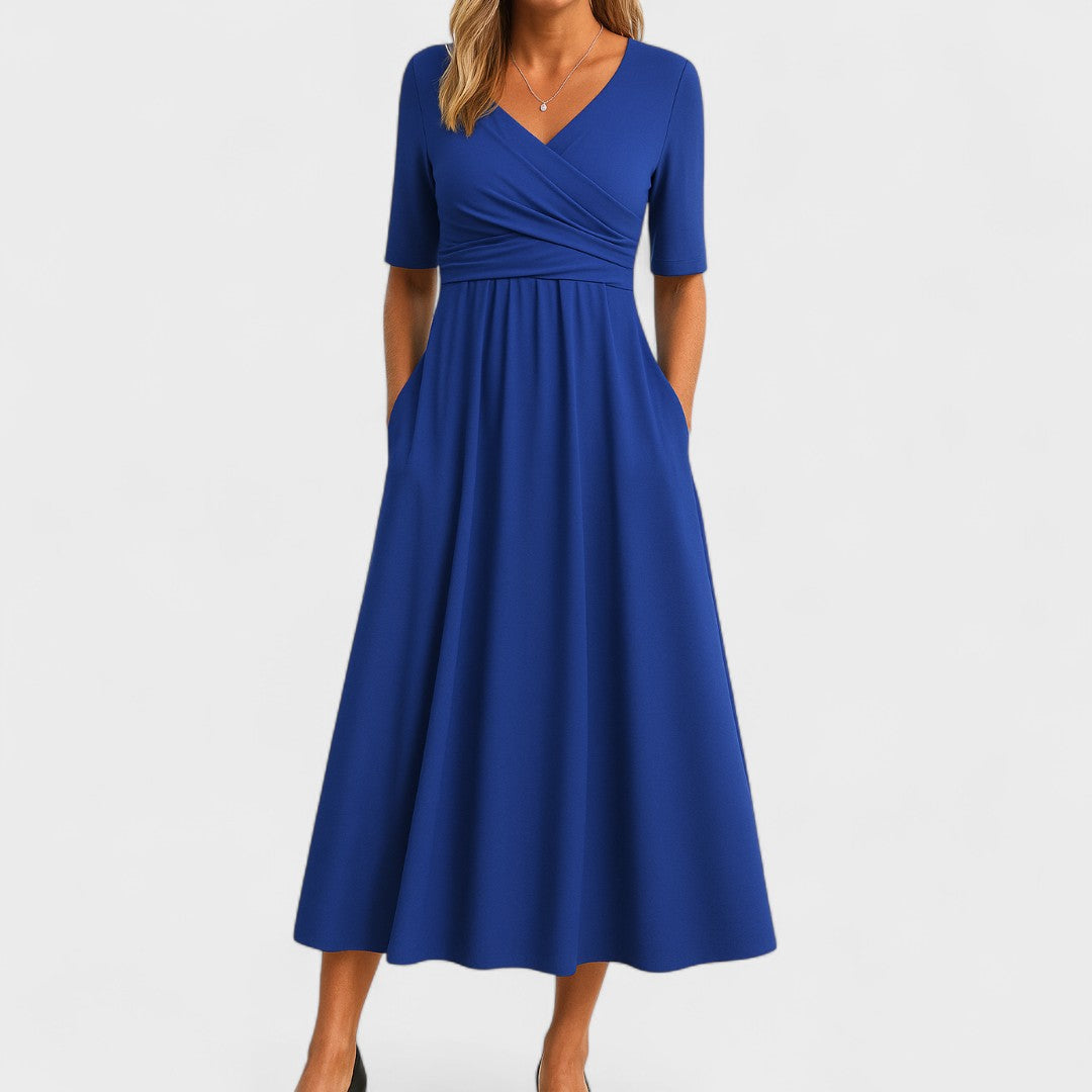 Verilune - Wrap Style Midi Dress Elbow Sleeves — view 3 of 7