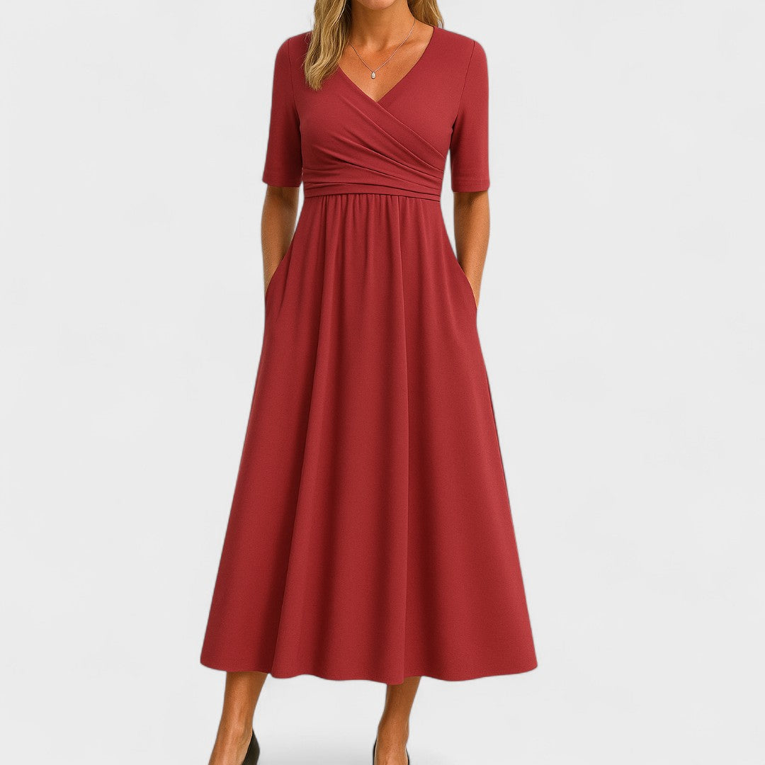 Verilune - Wrap Style Midi Dress Elbow Sleeves — view 6 of 7