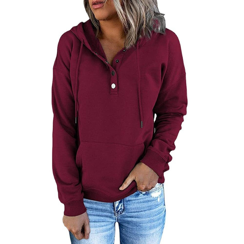 Verlune - Button Placket Pullover Hoodie Casual Layering