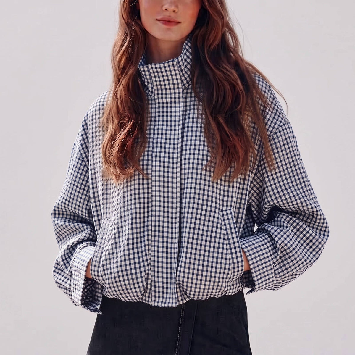 Vernetta - Cropped Plaid Zip Up Jacket Everyday Layering