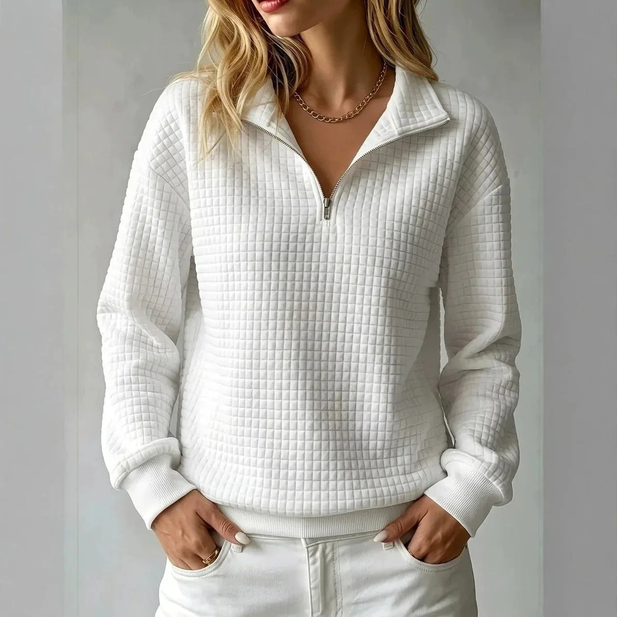 Waffelia - Waffle Knit Half Zip Pullover Everyday Wear — view 4 of 5