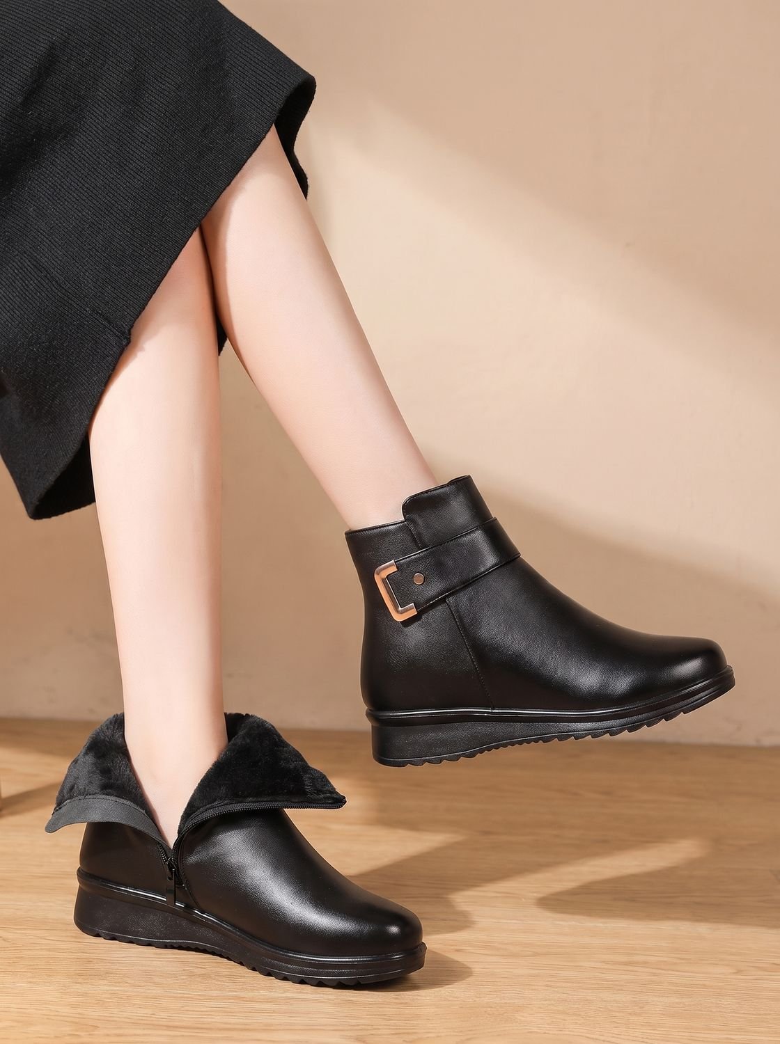 Wintera - Fur-Lined Wedge Ankle Boots Cold Weather Wear
